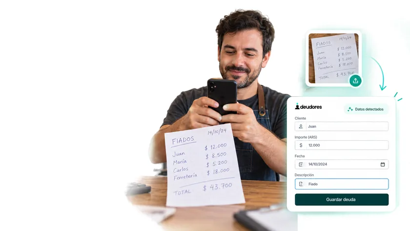 Comerciante fotografiando una hoja de fiados y vista de los datos detectados para revisar antes de guardar la deuda.