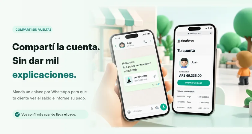 Enlace a la cuenta compartido por WhatsApp y vista del saldo y los movimientos del cliente.